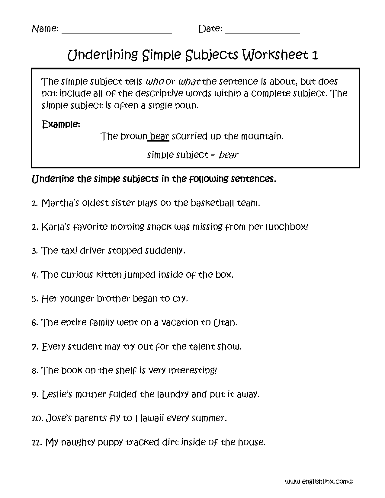 Englishlinx | Subject And Predicate Worksheets - Free Printable Subject Predicate Worksheets 2Nd Grade