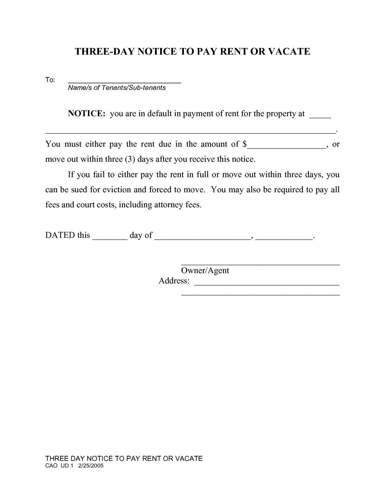 free printable 3 day eviction notice