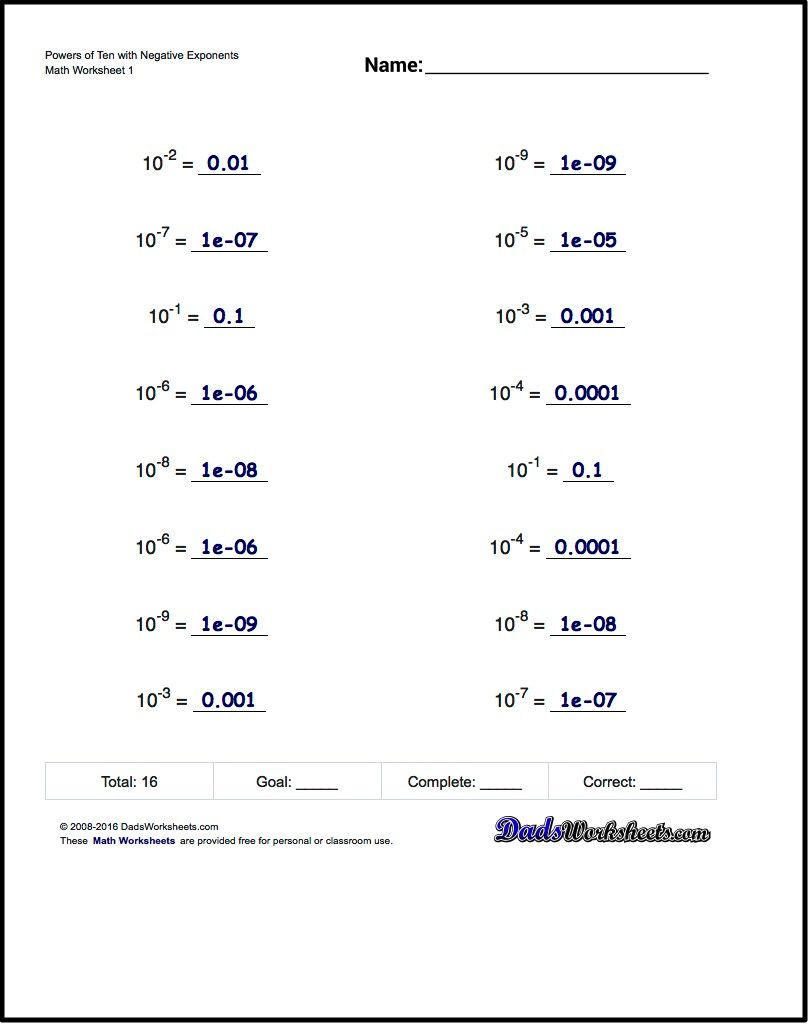 Exponents Worksheets For Powers Of Ten With Negative Exponents - Order Of Operations Free Printable Worksheets With Answers