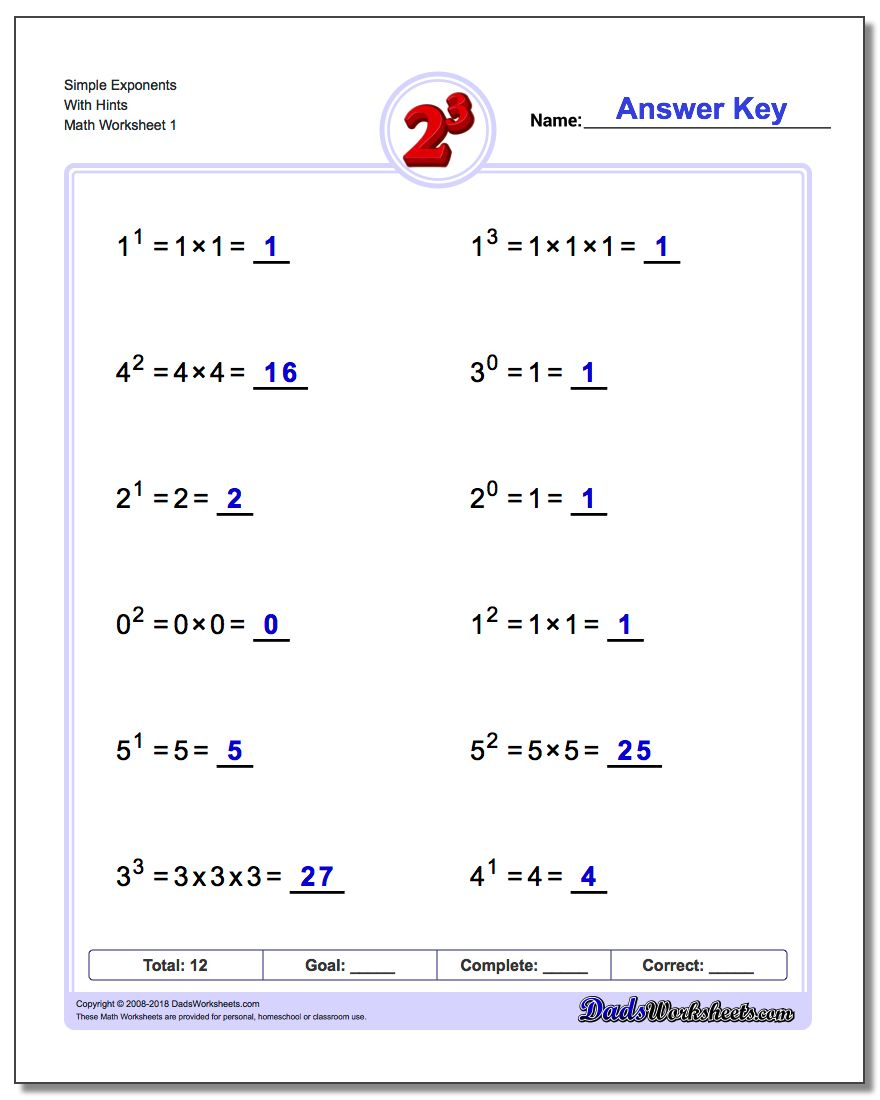 Exponents Worksheets - Free Printable Exponent Worksheets