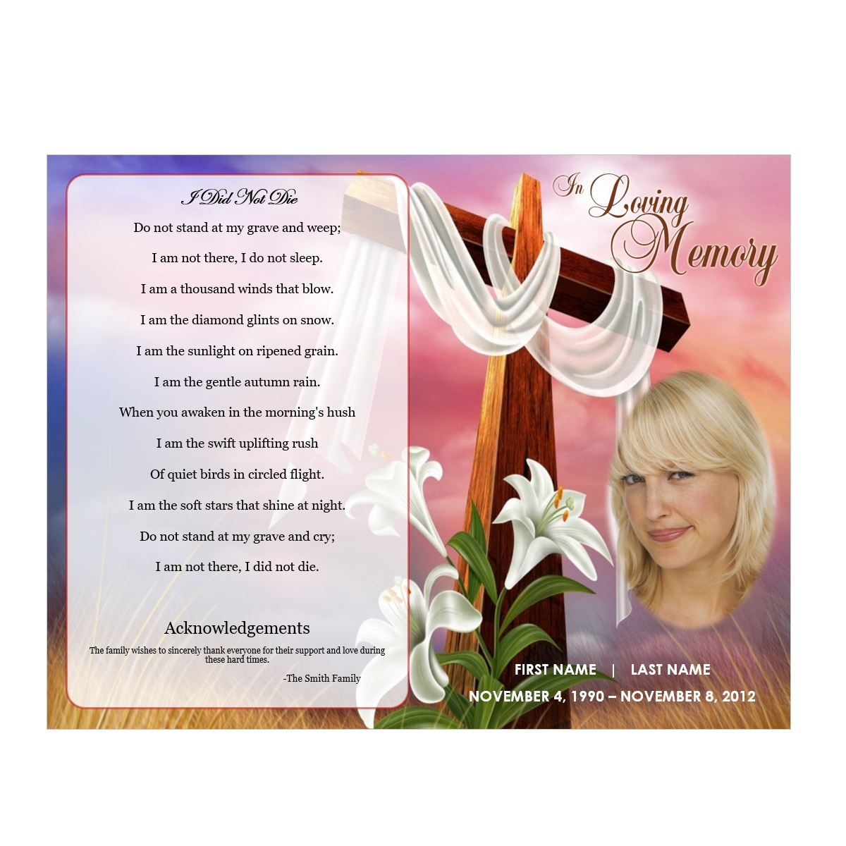 Floral Cross - Funeral Pamphlets - Free Printable Memorial Card Template