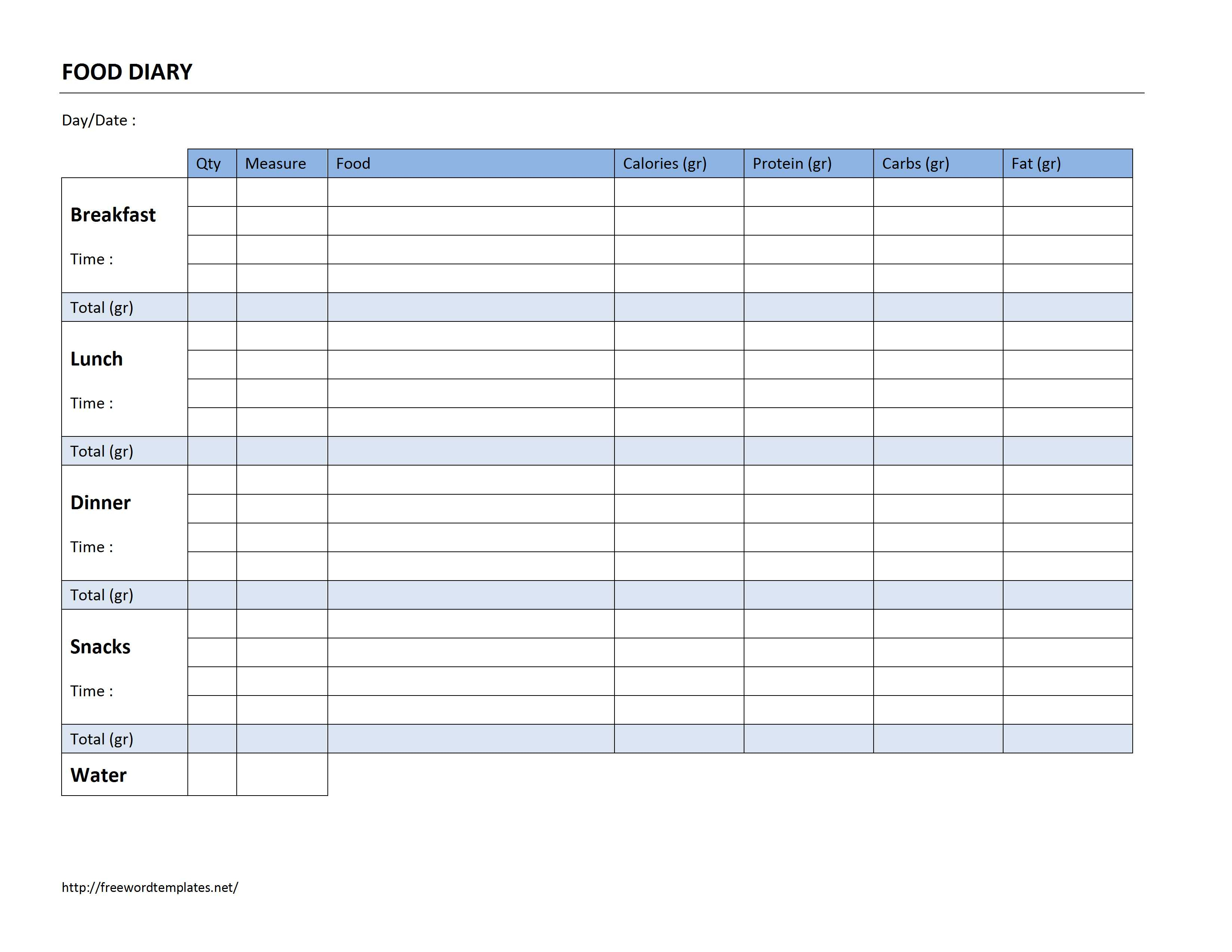 Food Diary Log - Diet Logs Printable Free