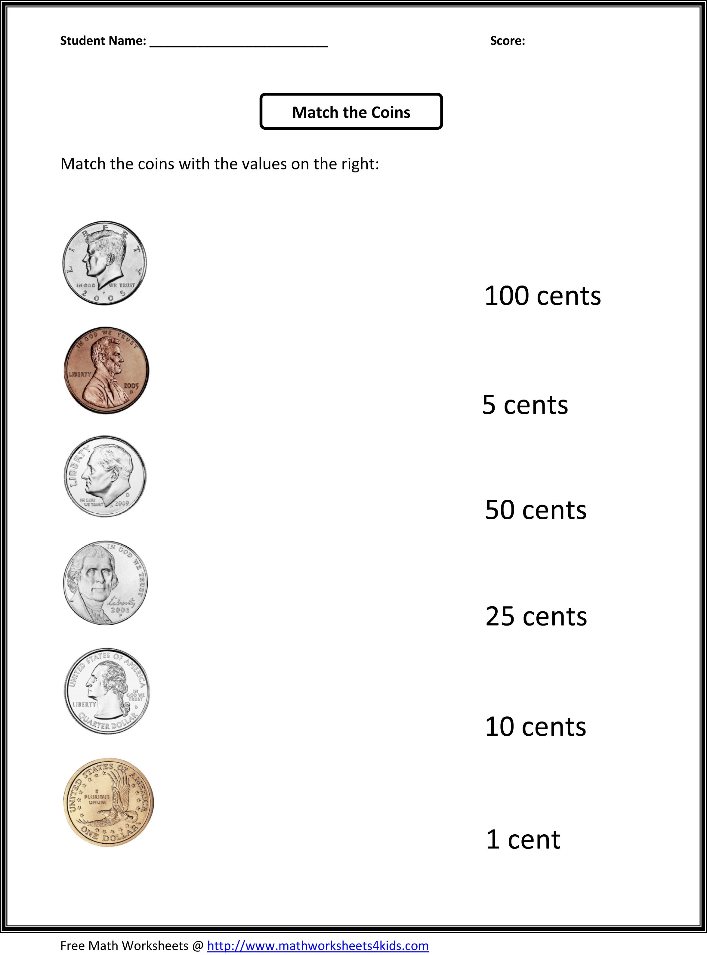 Free 1St Grade Worksheets | Match The Coins And Its Values - Free Printable Money Worksheets For Kindergarten