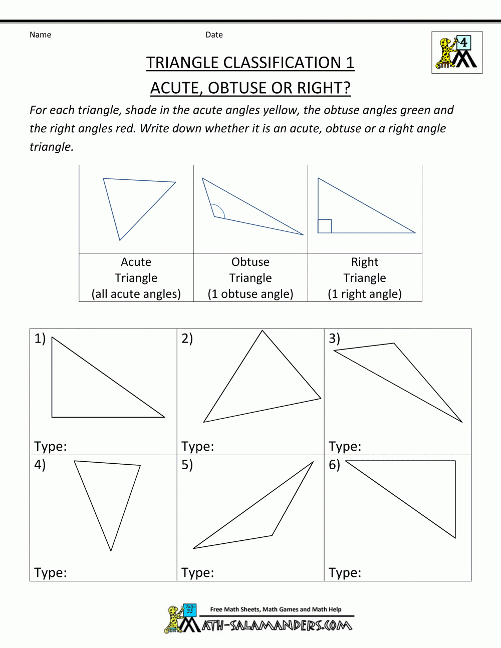Free 4Th Grade Math Worksheets Triangle Classification 1 | Geometry - Free Printable Geometry Worksheets For Middle School