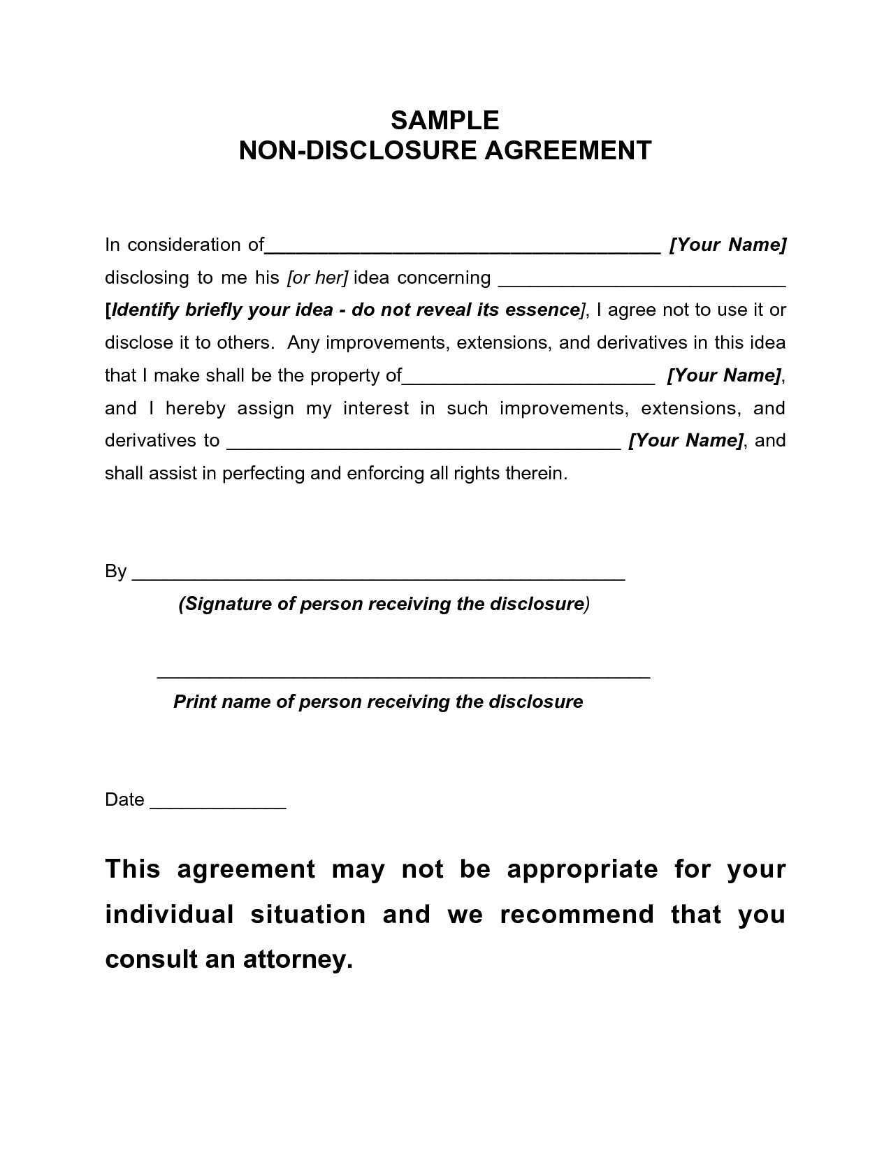 Free Agreement Form Non Disclosure Agreement Sample Free Printable - Free Printable Non Disclosure Agreement Form
