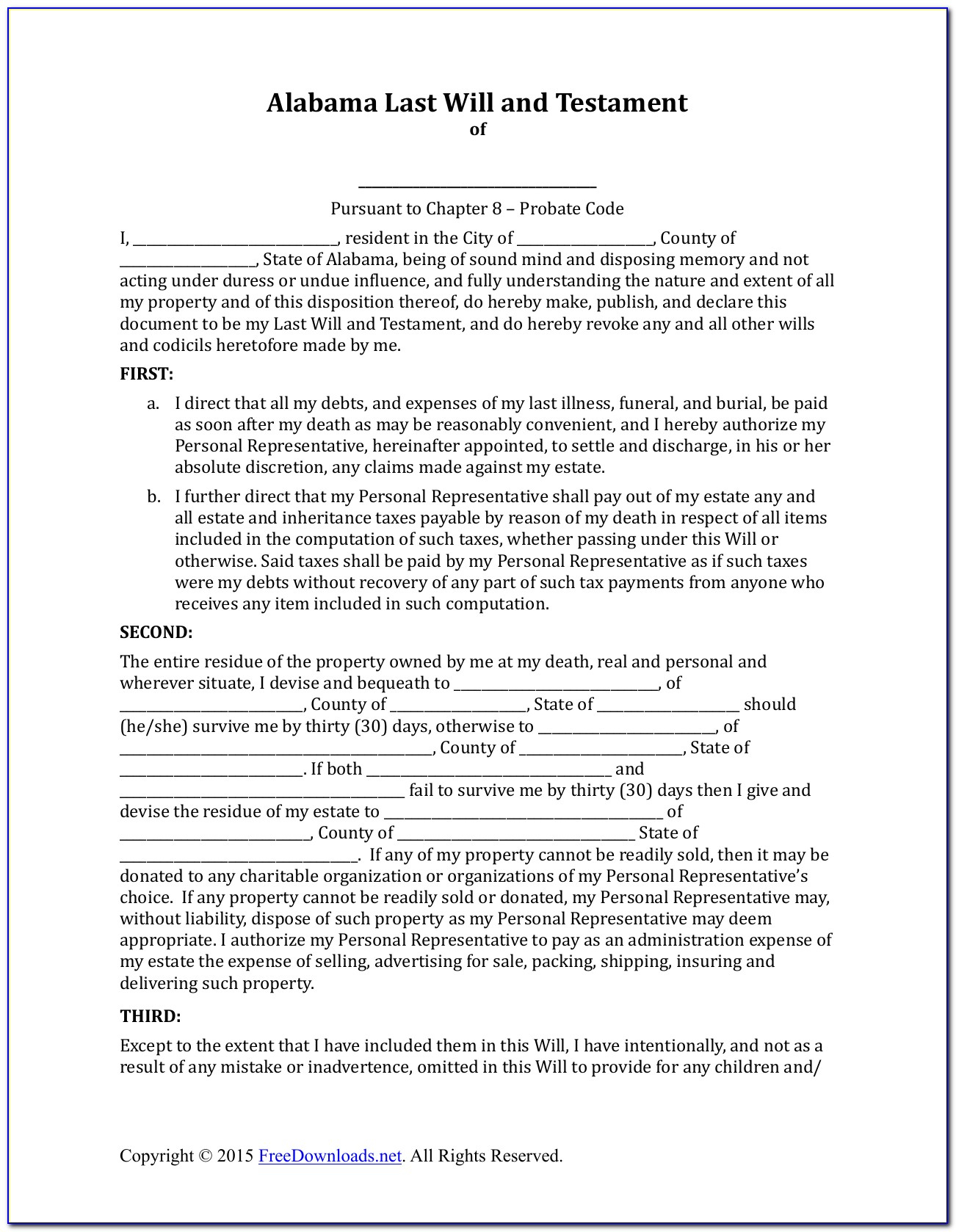 Free Alabama Last Will And Testament Form - Form : Resume Examples - Free Printable Last Will And Testament Blank Forms