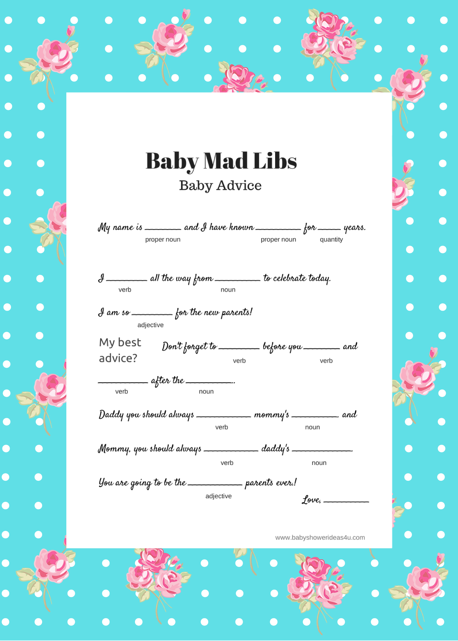 Free Baby Mad Libs Game - Baby Advice - Baby Shower Ideas - Themes - Free Printable Online Baby Shower Games
