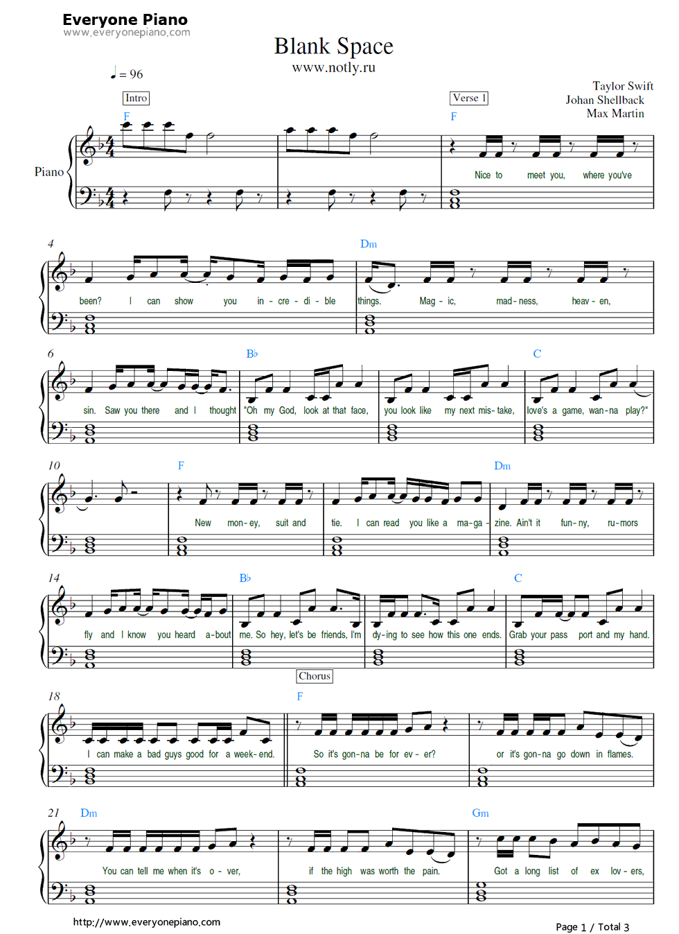 Free Blank Space-Taylor Swift Sheet Music Preview 1 #piano | Music - Taylor Swift Mine Piano Sheet Music Free Printable