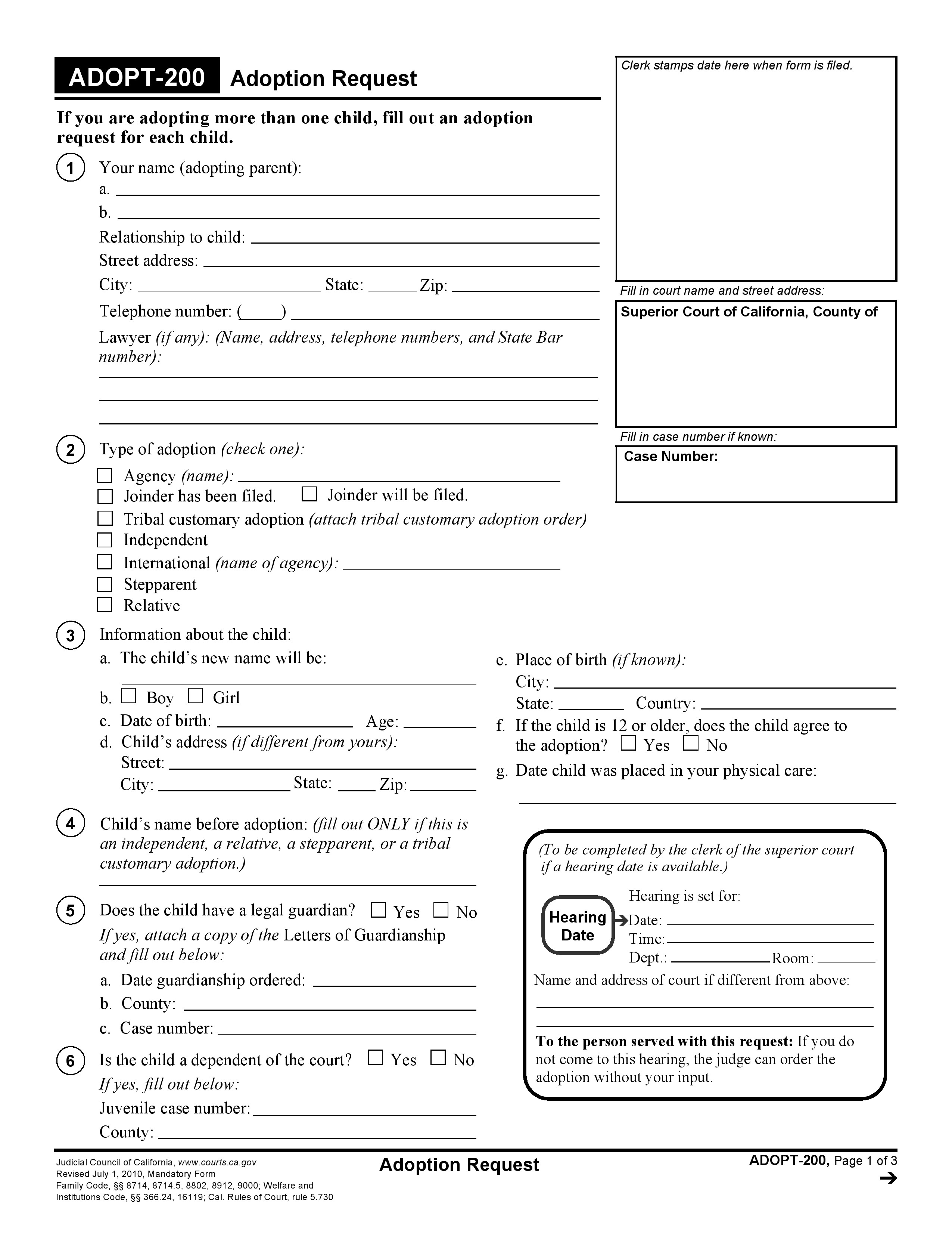 Free California Adopt 200 Adoption Request Form | Pdf Template - Free Printable Legal Forms California