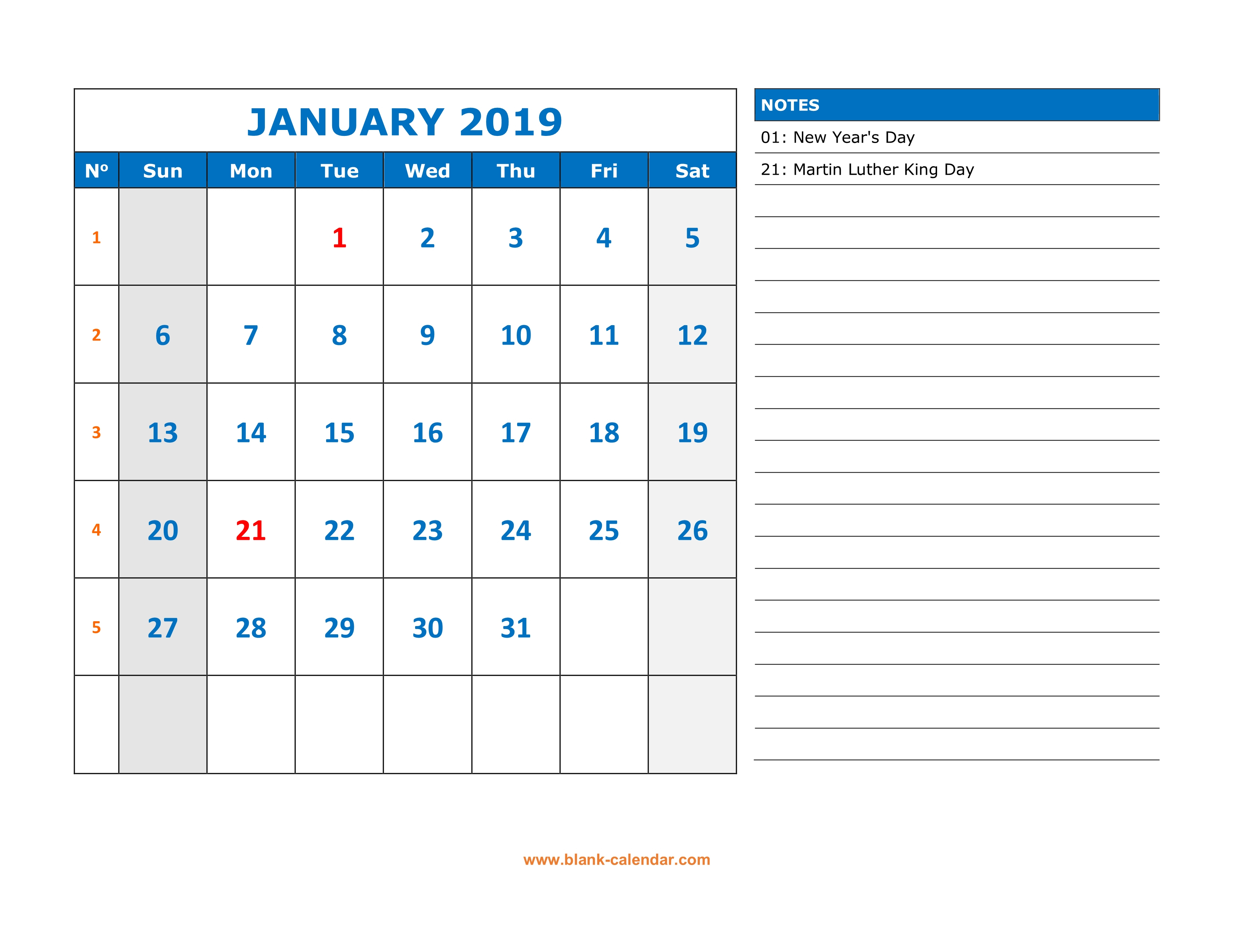 Free Download Printable Calendar 2019, Large Space For Appointment - Free Printable Appointment Sheets