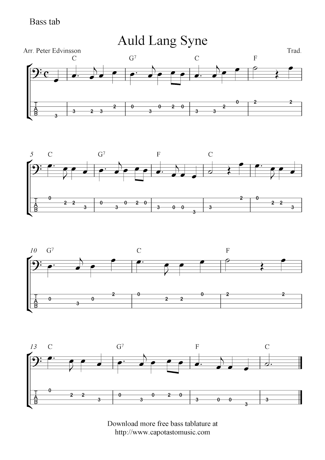 Free Easy Bass Guitar Tab Sheet Music, Auld Lang Syne - Free Printable Guitar Tabs For Beginners