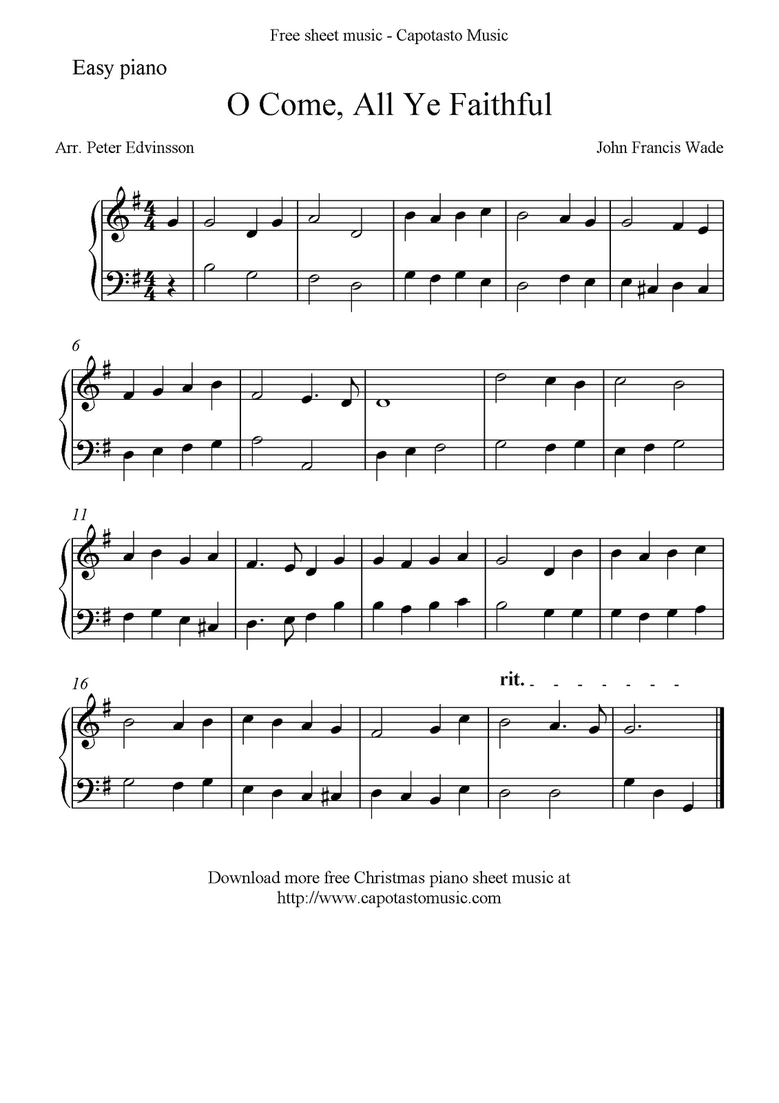 Free Easy Christmas Piano Sheet Music, O Come, All Ye Faithful - Christmas Piano Sheet Music Easy Free Printable