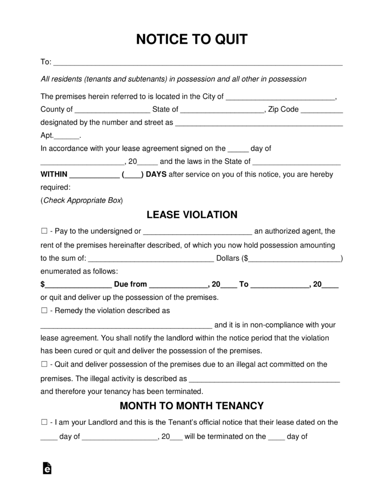 Free Eviction Notice Forms - Notices To Quit - Pdf | Word | Eforms - Free Printable Eviction Notice Pa