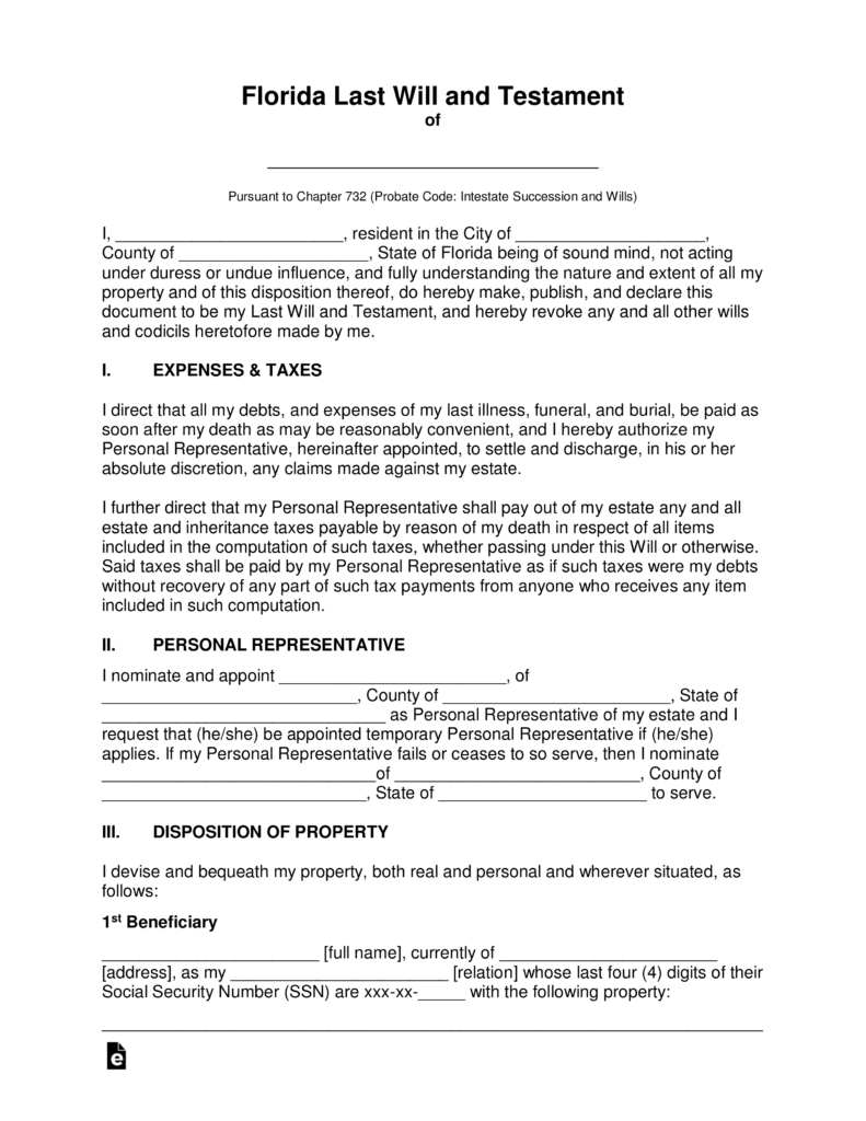 Free Florida Last Will And Testament Template - Pdf | Word | Eforms - Free Printable Last Will And Testament Blank Forms Florida