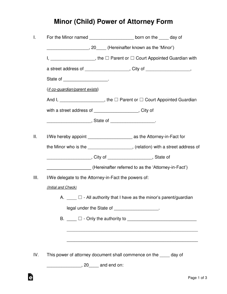 Free Minor (Child) Power Of Attorney Forms - Pdf | Word | Eforms - Free Printable Child Custody Forms