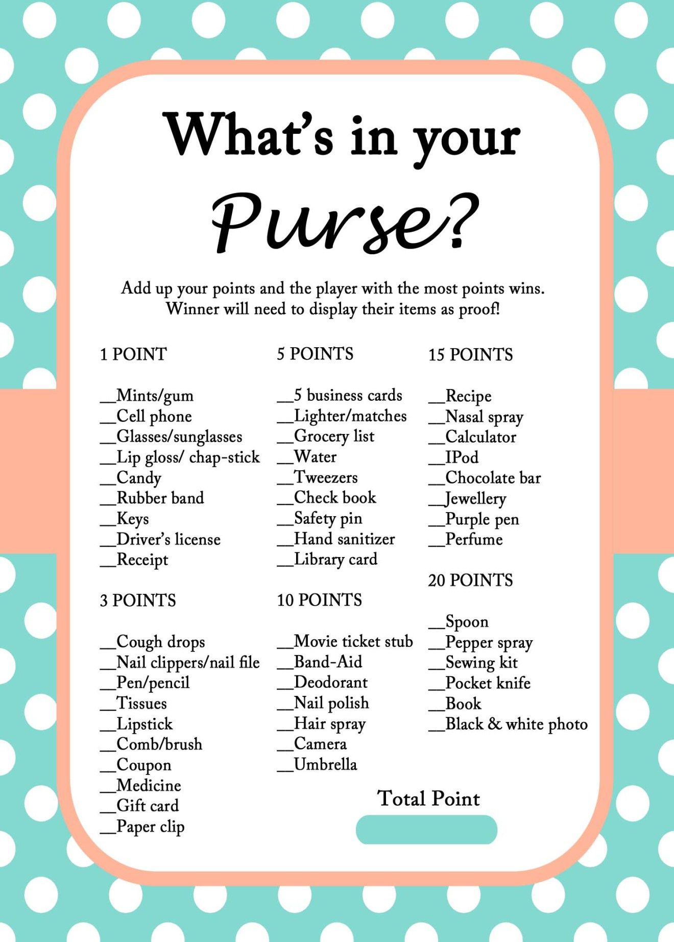 Free Mint Bridal Shower Game Printables | Nicolle | Pinterest - Free Printable What&amp;amp;#039;s In Your Purse Game