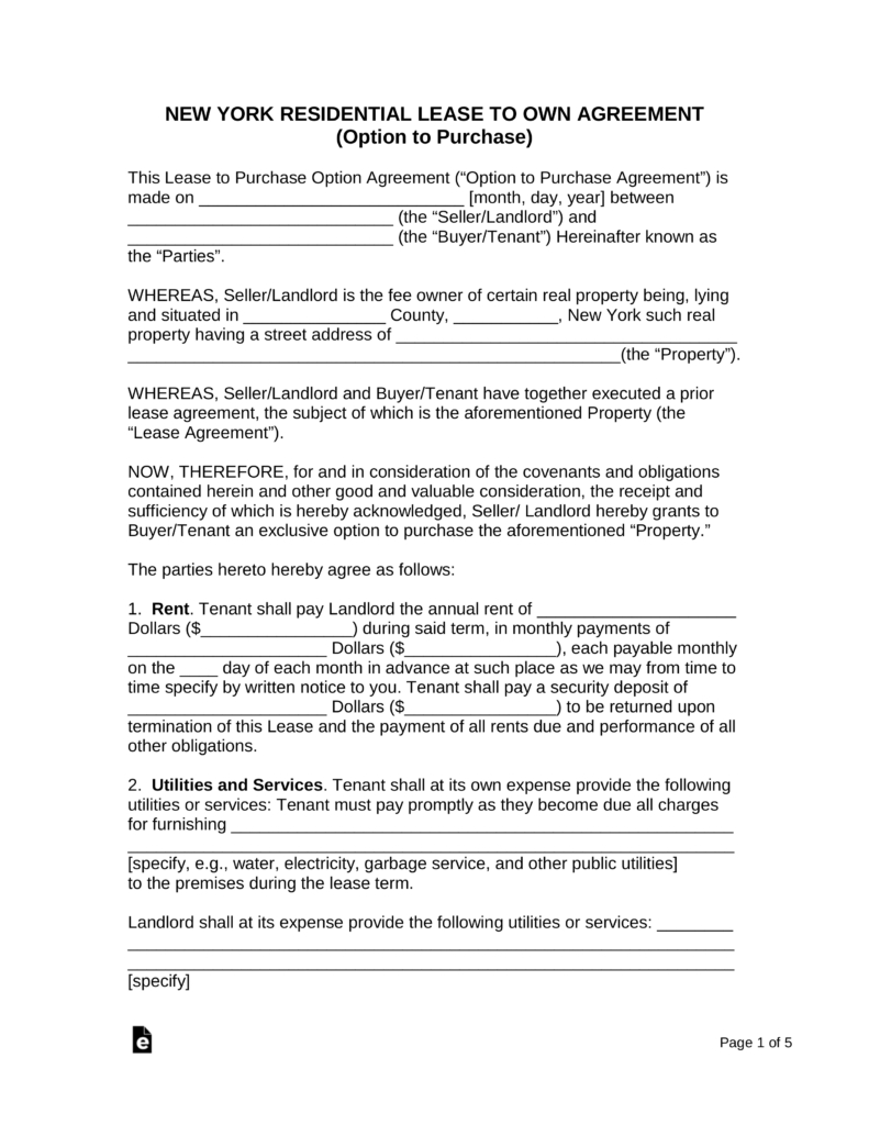 Free New York Residential Lease With Option To Purchase Agreement - Free Printable Lease Agreement Ny