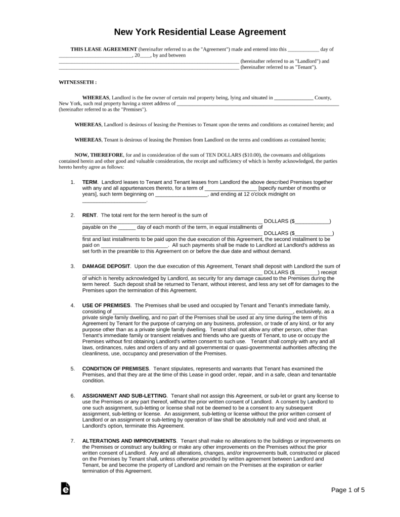 Free New York Standard Residential Lease Agreement Template - Pdf - Free Printable Lease Agreement Ny
