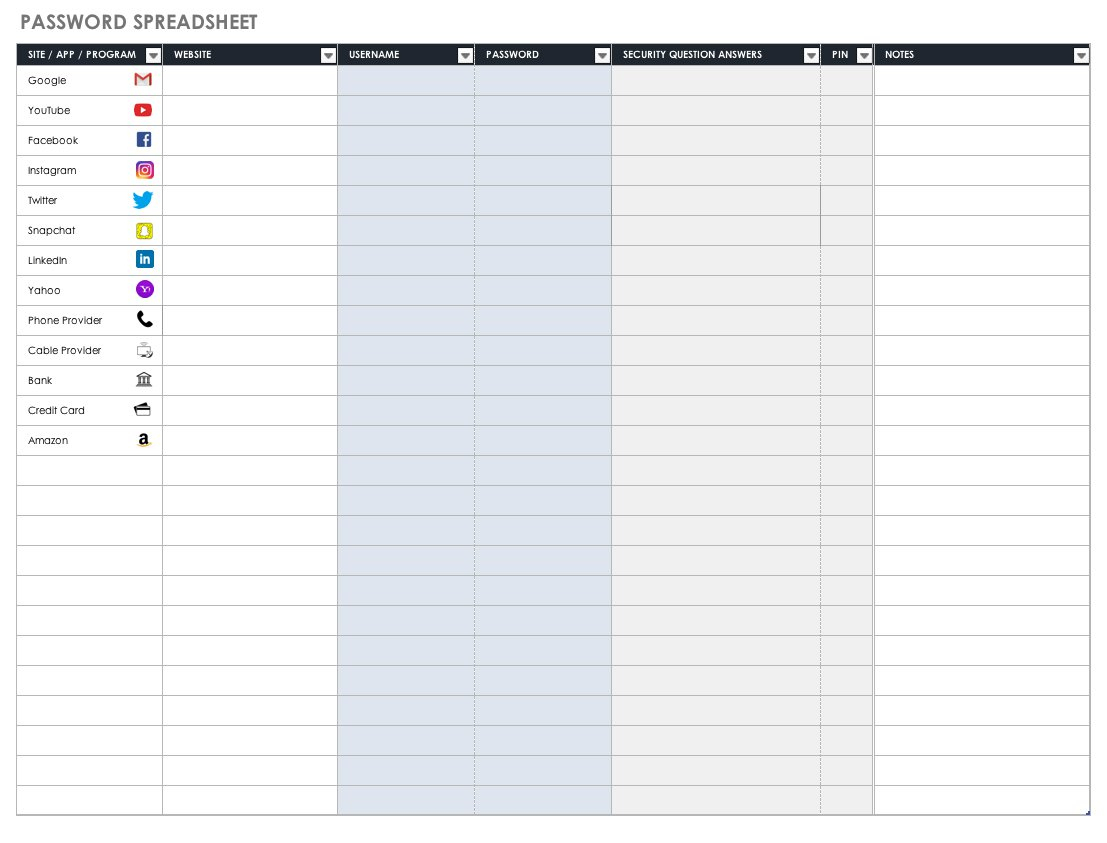 Free Password Templates And Spreadsheets | Smartsheet - Free Printable Password Keeper