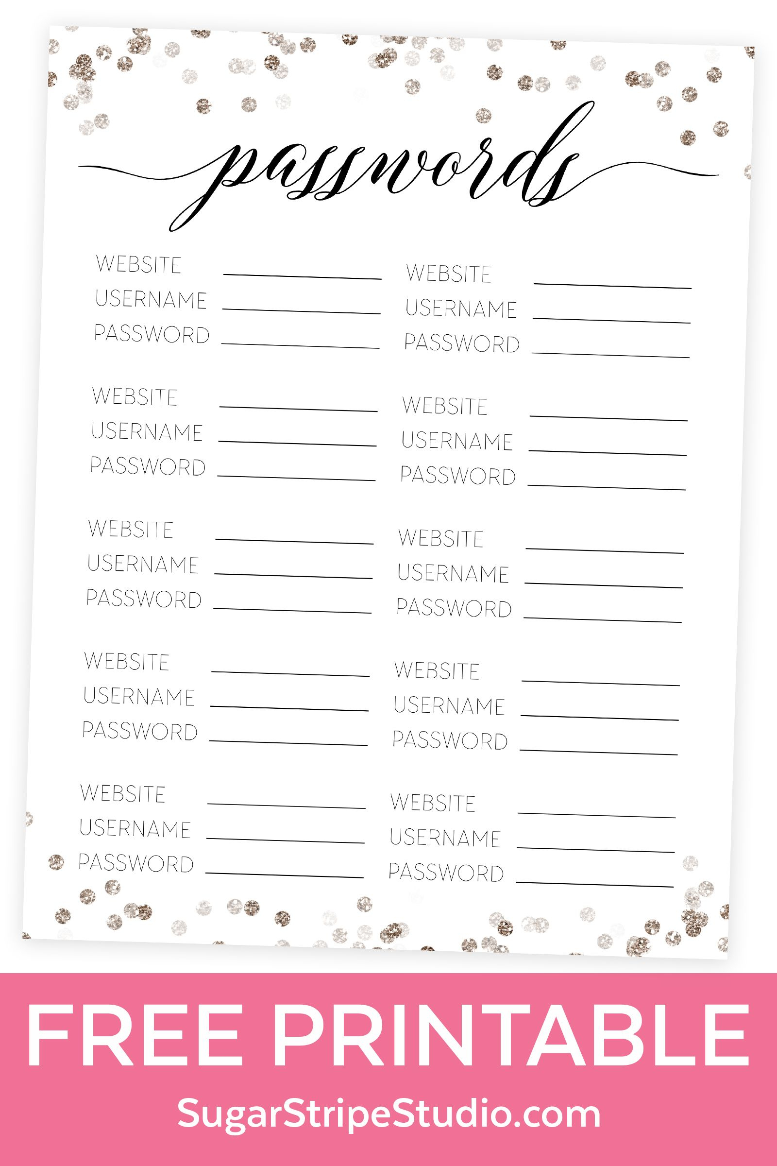 Free Password Tracker Printable - Glitter Confetti Design - Free Printable Password Keeper