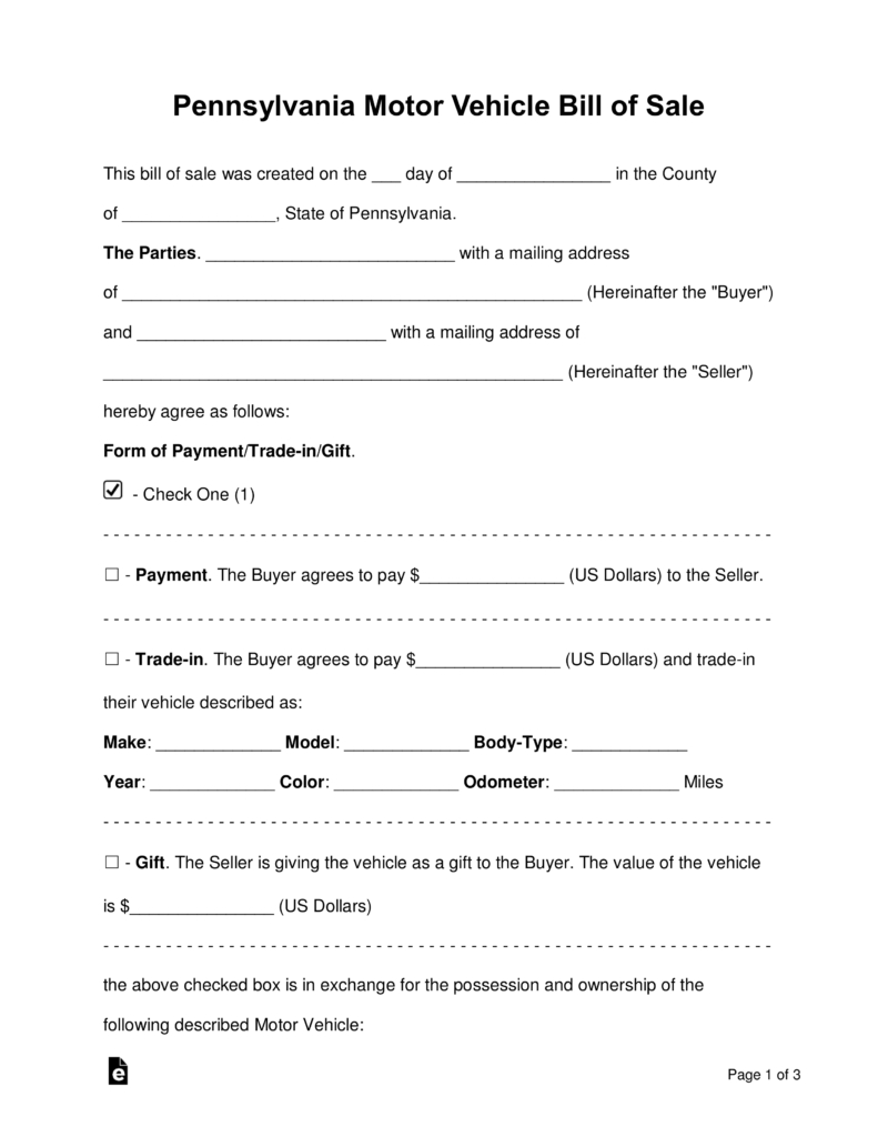 Free Pennsylvania Motor Vehicle Bill Of Sale Form - Word | Pdf - Free Printable Automobile Bill Of Sale Template