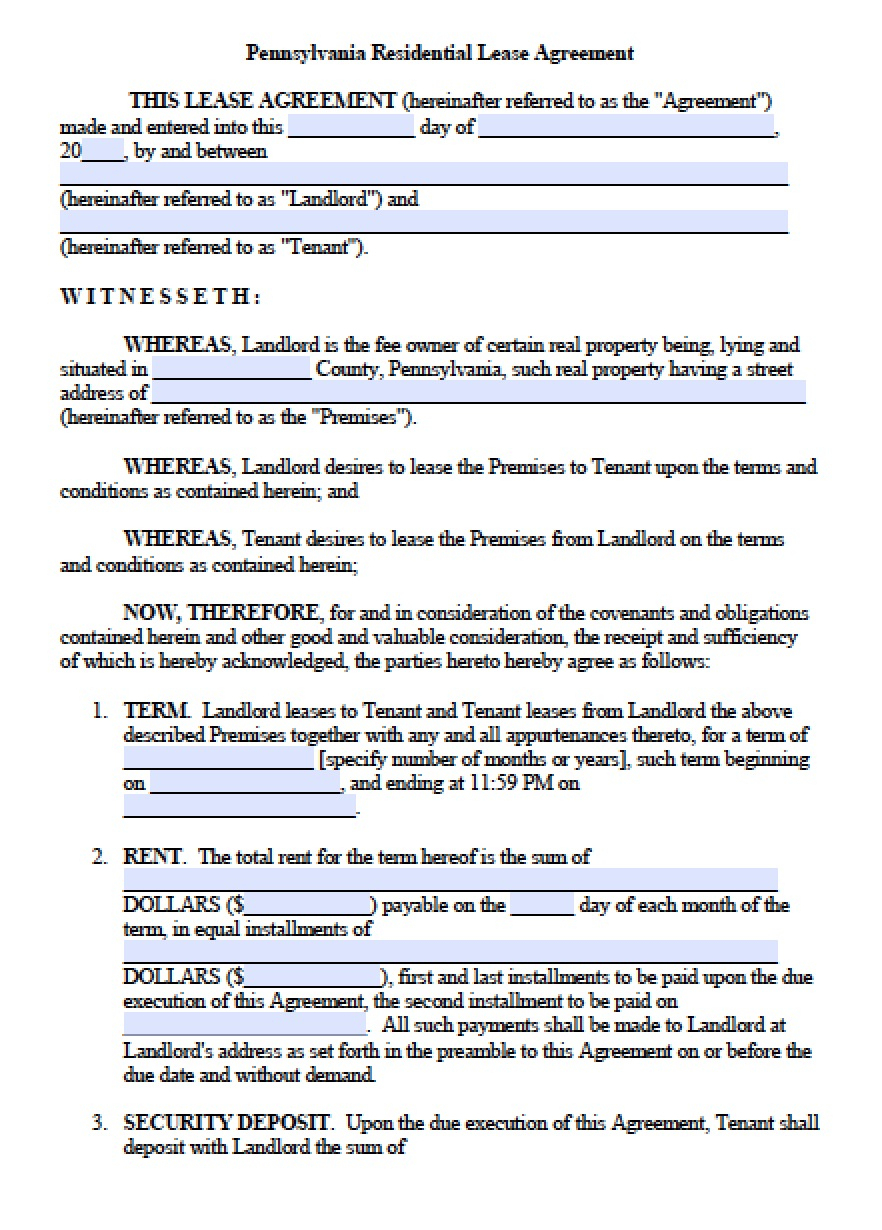 Free Pennsylvania Residential Lease Agreement | Pdf | Word (.doc) - Free Printable Lease Agreement Pa