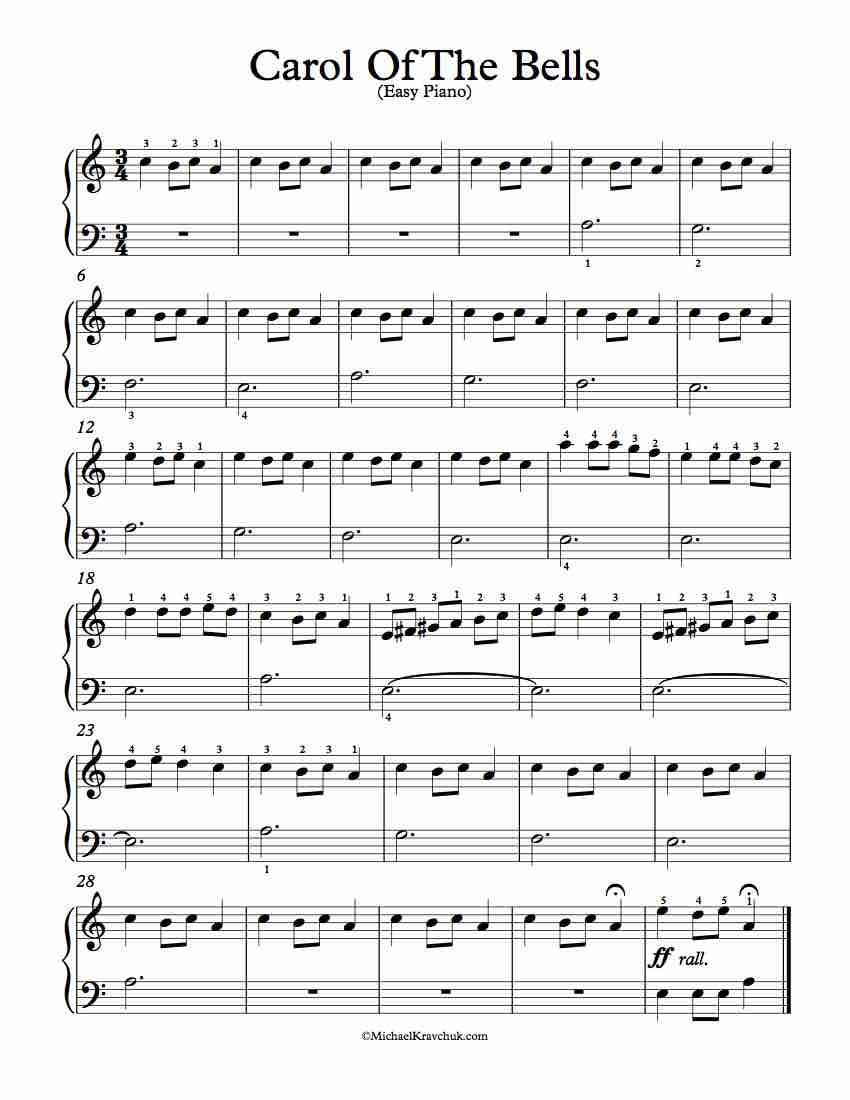 Free Piano Arrangement Sheet Music – Carol Of The Bells – Michael - Free Printable Piano Pieces