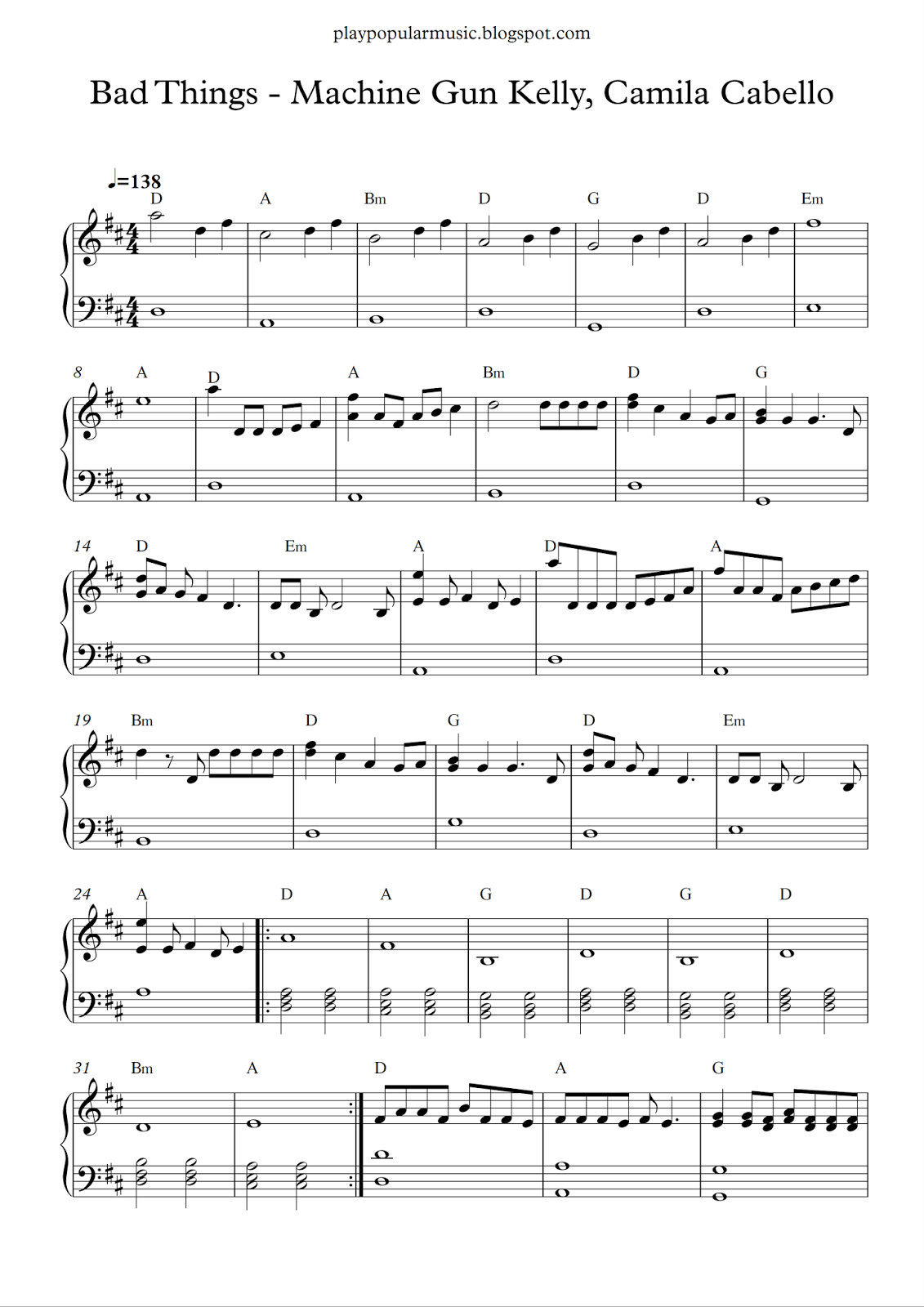 Free Piano Sheet Music: Bad Things - Machine Gun Kelly, Camila - Bad Day Piano Sheet Music Free Printable