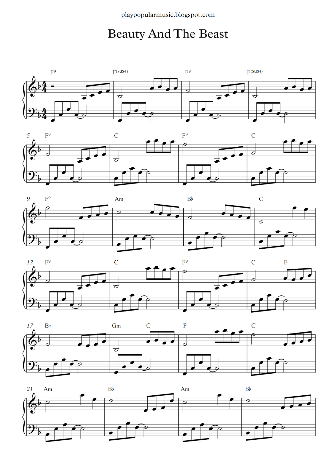 Free Piano Sheet Music: Beauty And The Beast.pdf Tale As Old As Time - Free Printable Piano Sheet Music For Popular Songs
