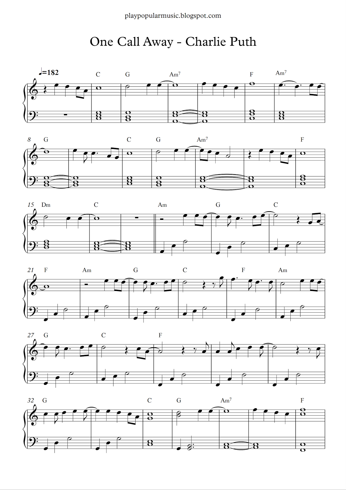 Free Piano Sheet Music: One Call Away - Charlie Puth.pdf I&amp;#039;m Only - Free Printable Sheet Music Lyrics
