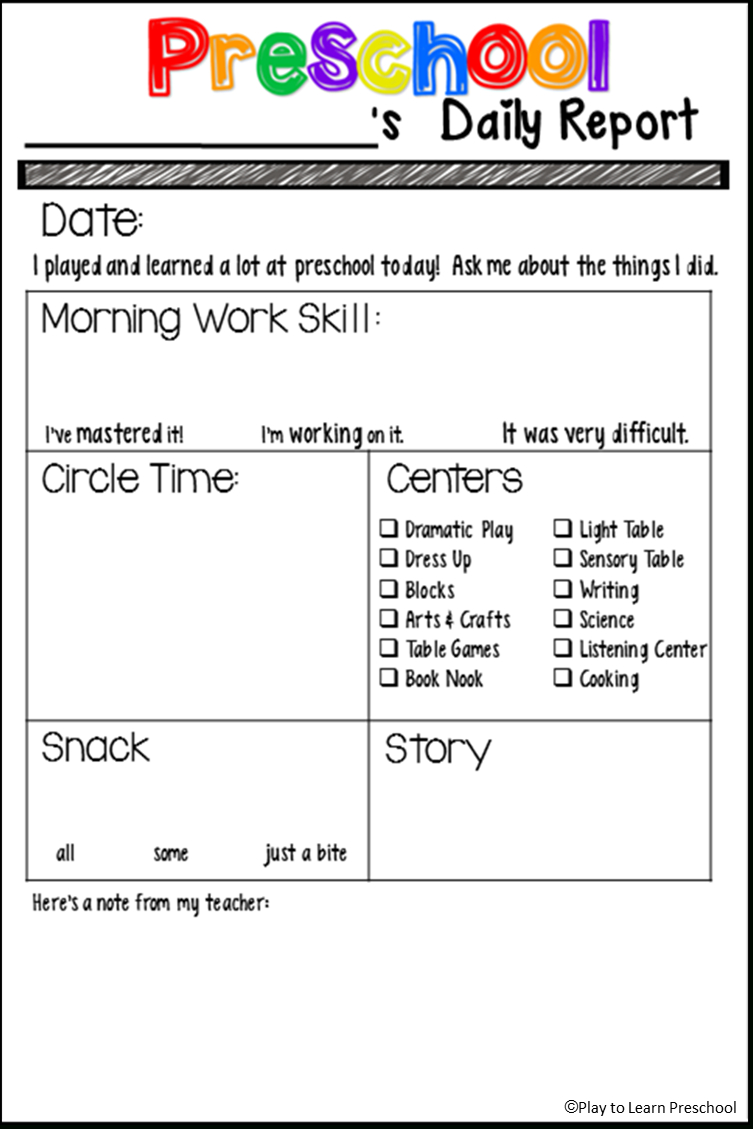 Free Preschool Daily Report From Play To Learn Preschool | Classroom - Preschool Assessment Forms Free Printable