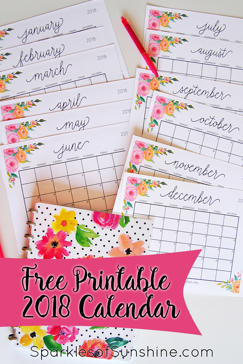 Free Printable 2018 Monthly Calendar With Weekly Planner - Sparkles - Free 2018 Planner Printable