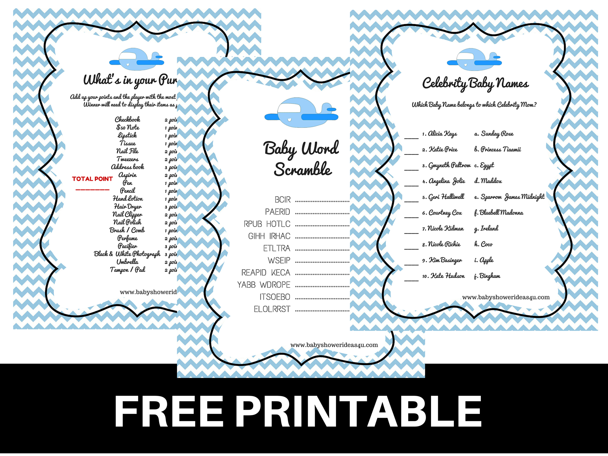 Free-Printable-Baby-Shower-Games-Baby-Word-Scramble-Baby-Celebrity - Free Printable Baby Shower Game What&amp;#039;s In Your Purse