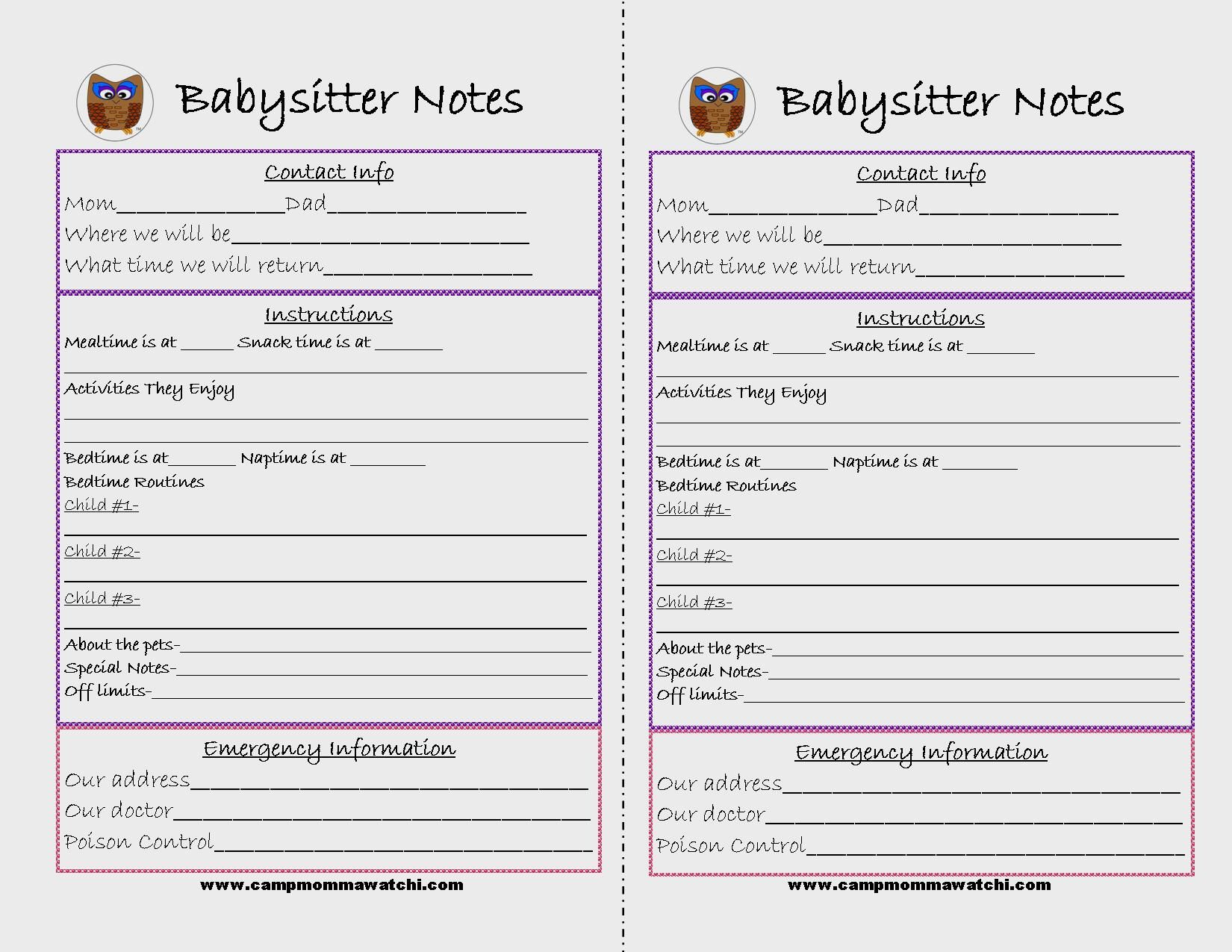 Free Printable Babysitter Notes | Camp Mommawatchi | Crafts And - Babysitter Notes Free Printable