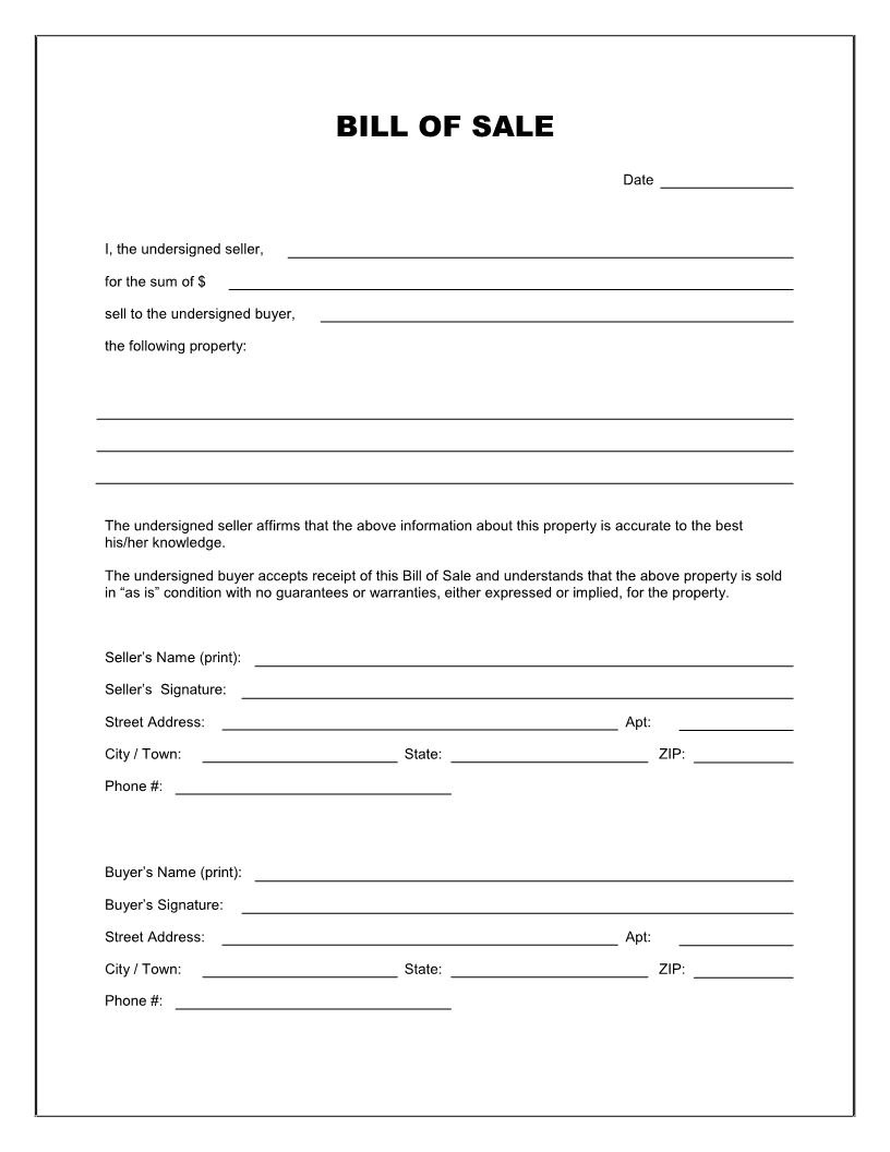 Free Printable Blank Bill Of Sale Form Template - As Is Bill Of Sale - Free Printable Bill Of Sale