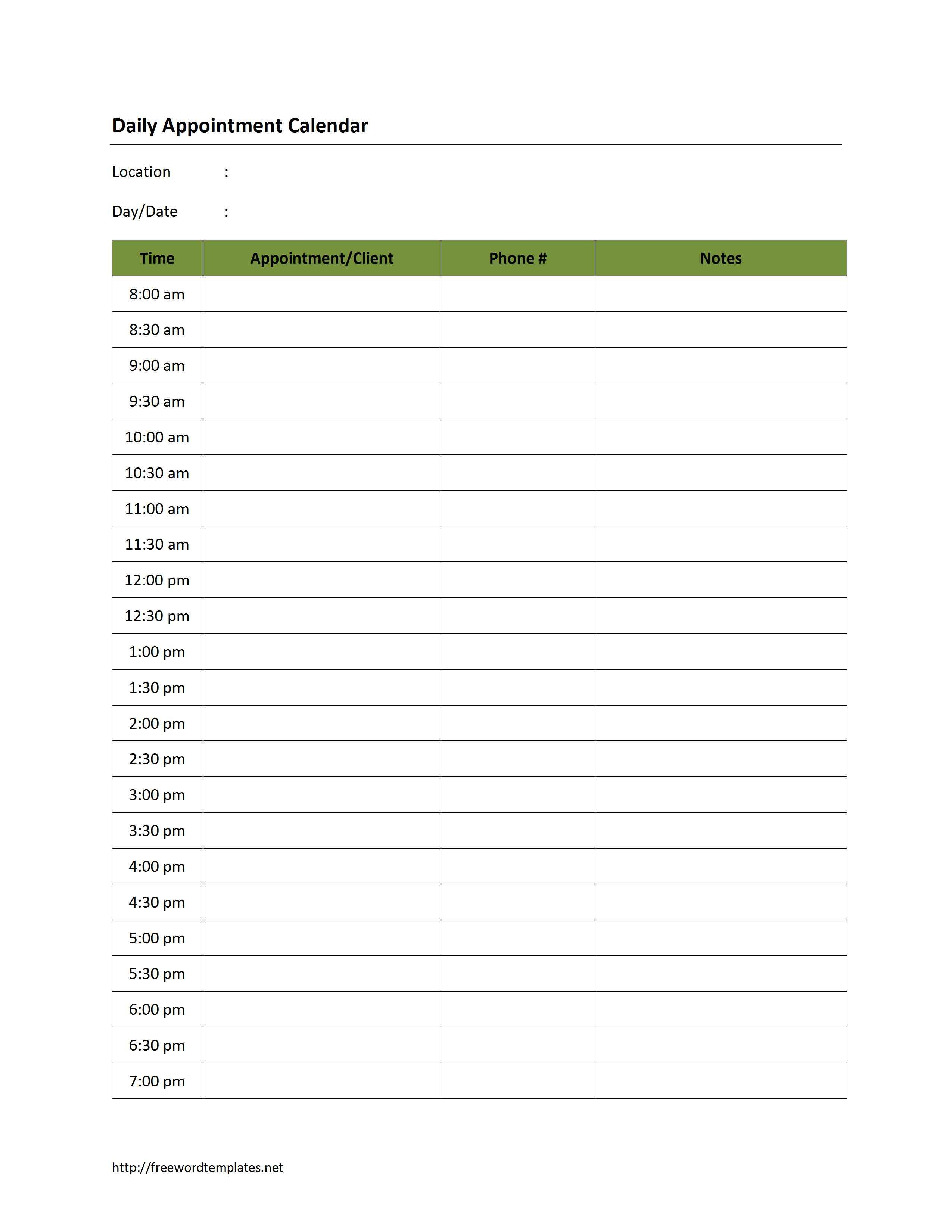 Free Printable Blank Daily Calendar | 181D Daily Appointment - Free Printable Appointment Planner