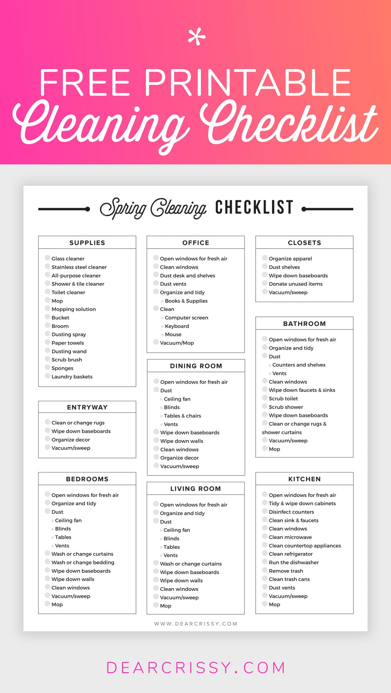 Free Printable Cleaning Checklist - Spring Cleaning Planner! - Free Printable Cleaning Schedule