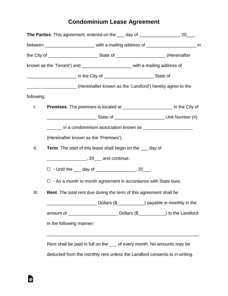 Free Printable Condo Lease Agreement - 2.13.kaartenstemp.nl • - Free Printable Rental Lease Agreement