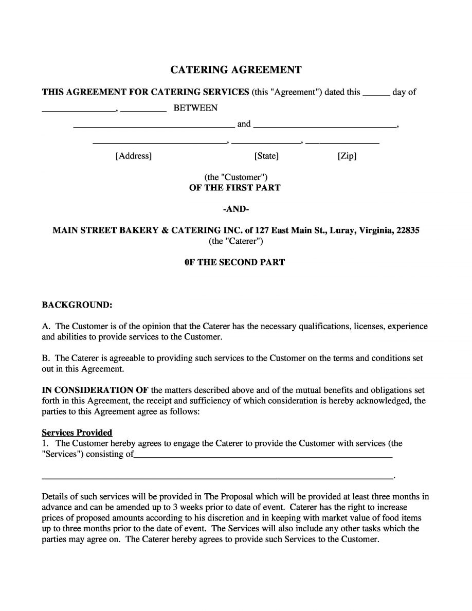 Free Printable Construction Contracts Catering Agreement Contract - Free Printable Construction Contracts