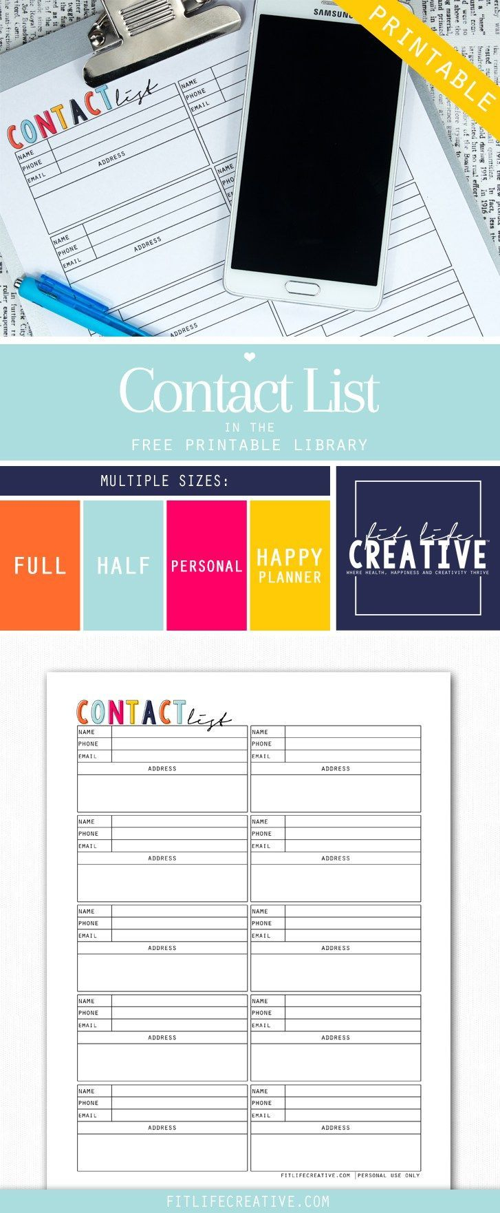 Free Printable Contact List Planner Insert. Available In Multiple - Free Printable Contact List