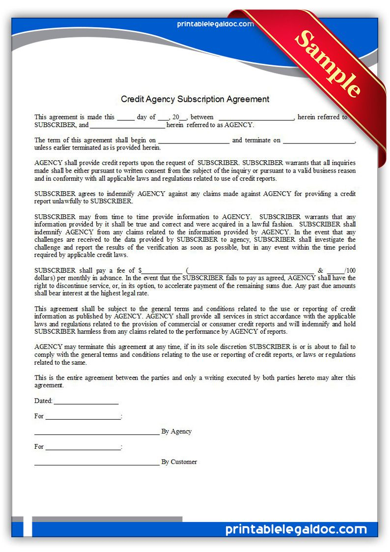Free Printable Credit Agency Subscription Agreement | Sample - Free Printable Credit Report
