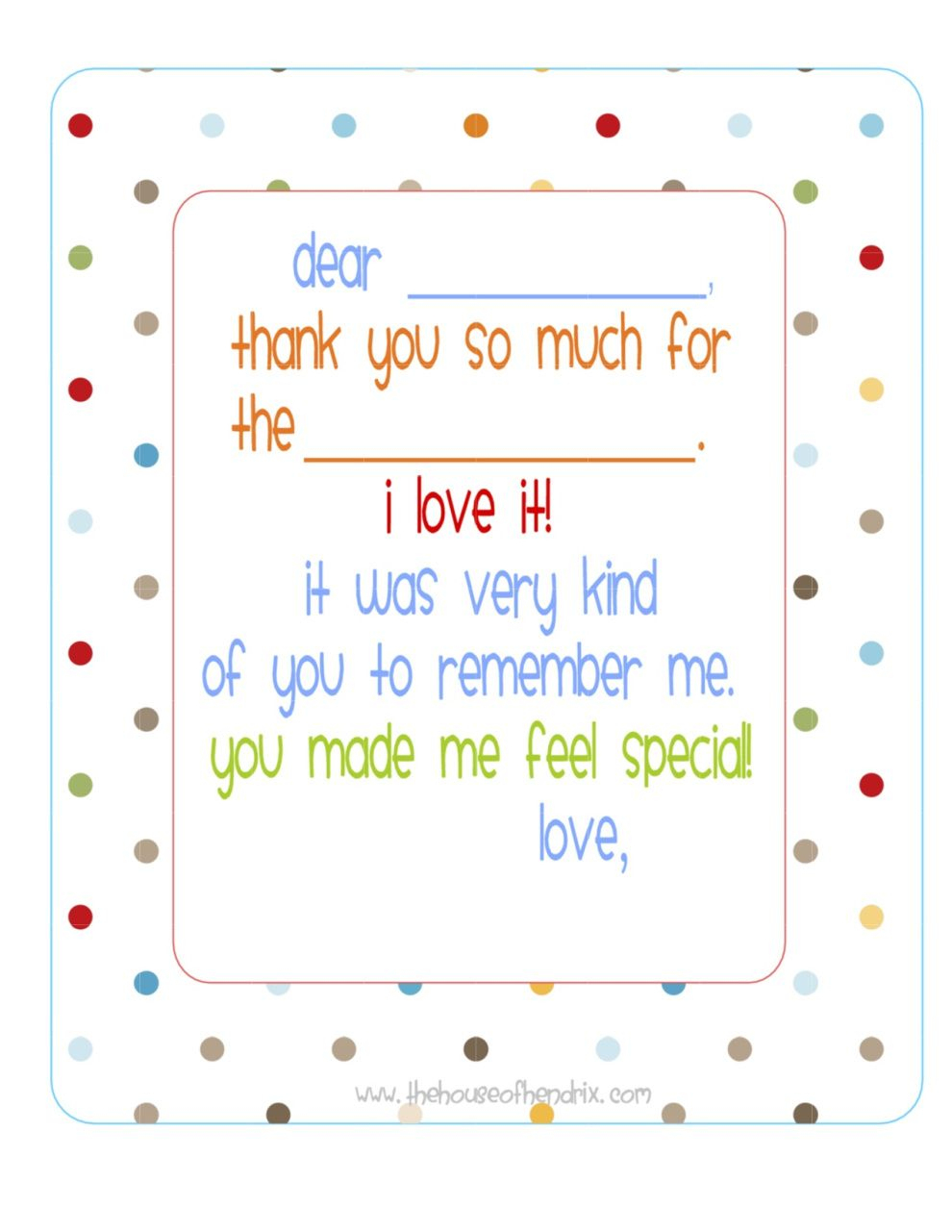 Free} Printable Fill In The Blank Thank You Note (Polka Dots) | Misc - Fill In The Blank Thank You Cards Printable Free