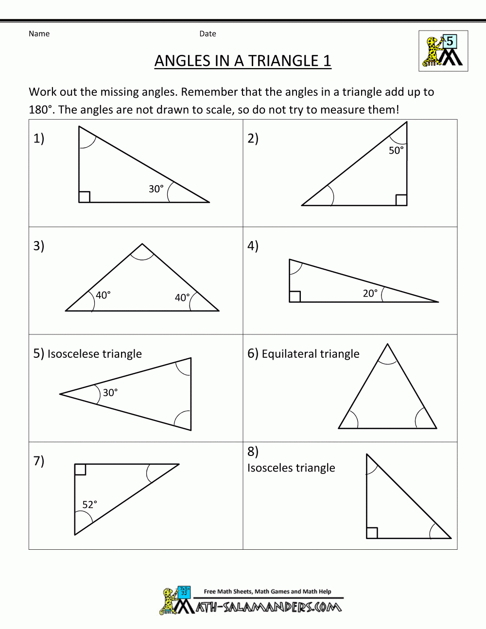 Free Printable Geometry Sheets Angles In A Triangle 1 | Geometry - Free Printable Geometry Worksheets For Middle School
