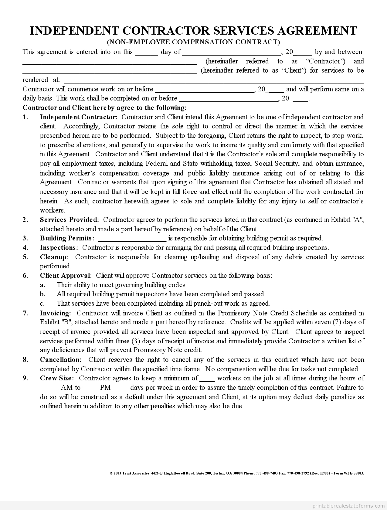 Free Printable Independent Contractor Agreement Form | Printable - Free Printable Construction Contracts