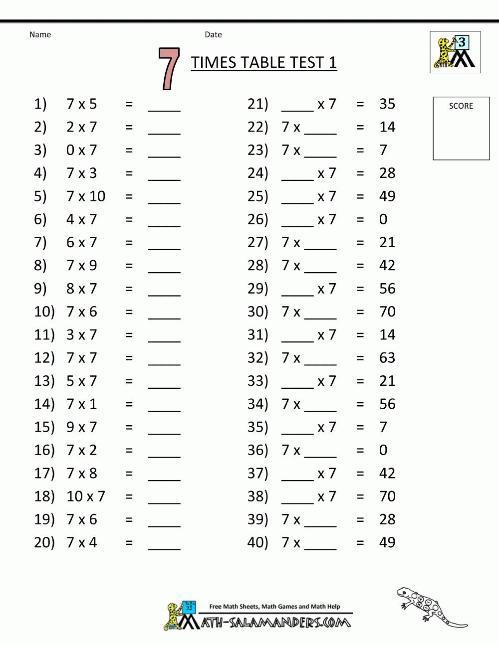 Free Printable Math Sheets 7 Times Table Test 1 | Korrutustabel - Free Printable Math Sheets