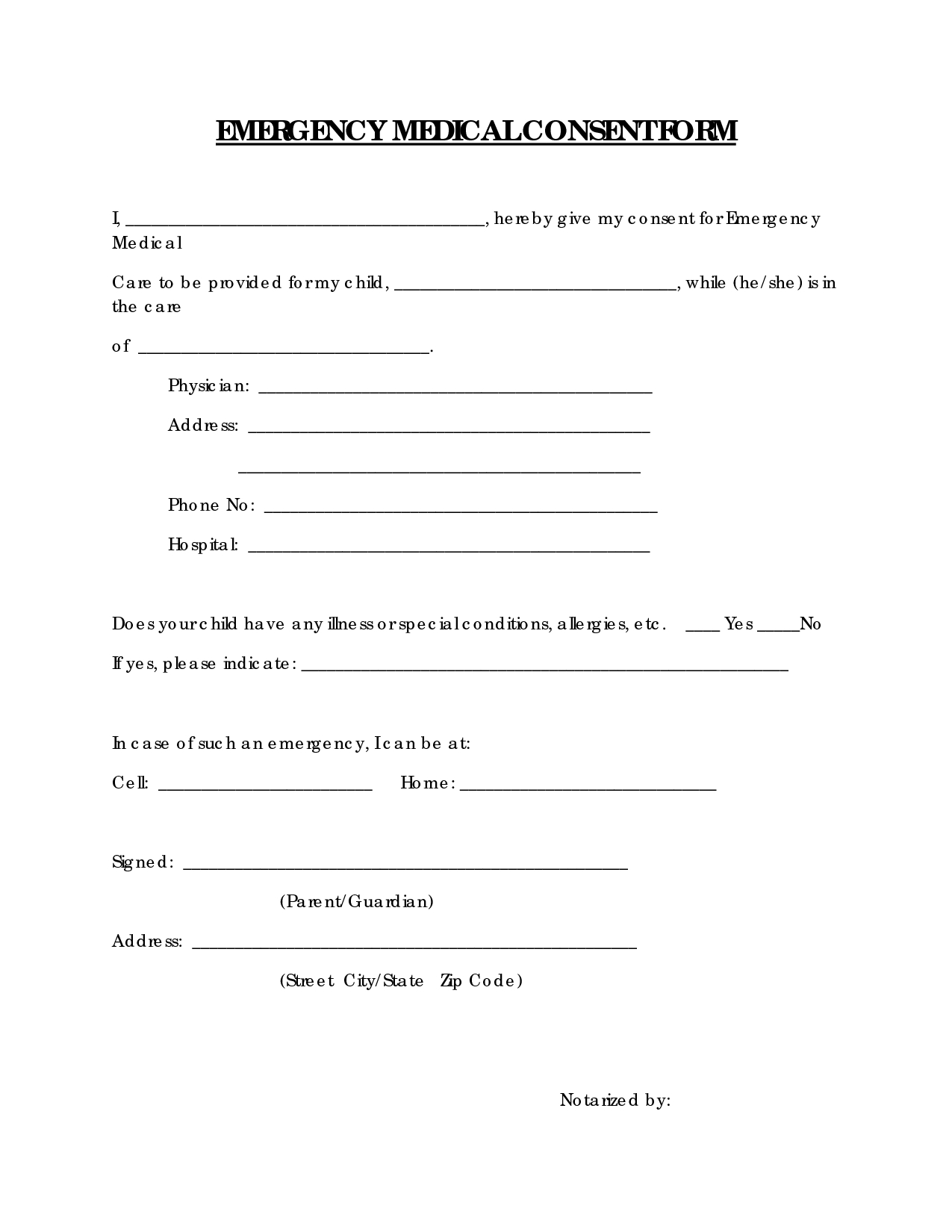 Free Printable Medical Consent Form | Emergency Medical Consent Form - Free Printable Child Medical Consent Form