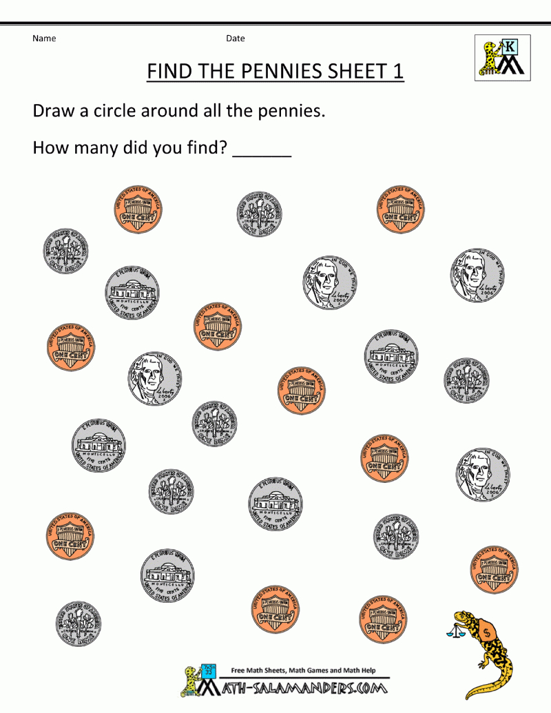 Free Printable Money Worksheets Find The Pennies 1 | Math - Free Printable Money Worksheets