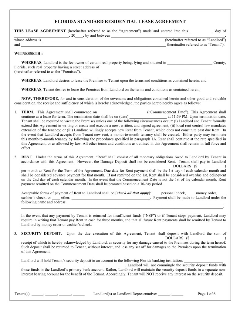Free Printable Residential Lease Form Generic Florida Residential - Free Printable Florida Residential Lease Agreement
