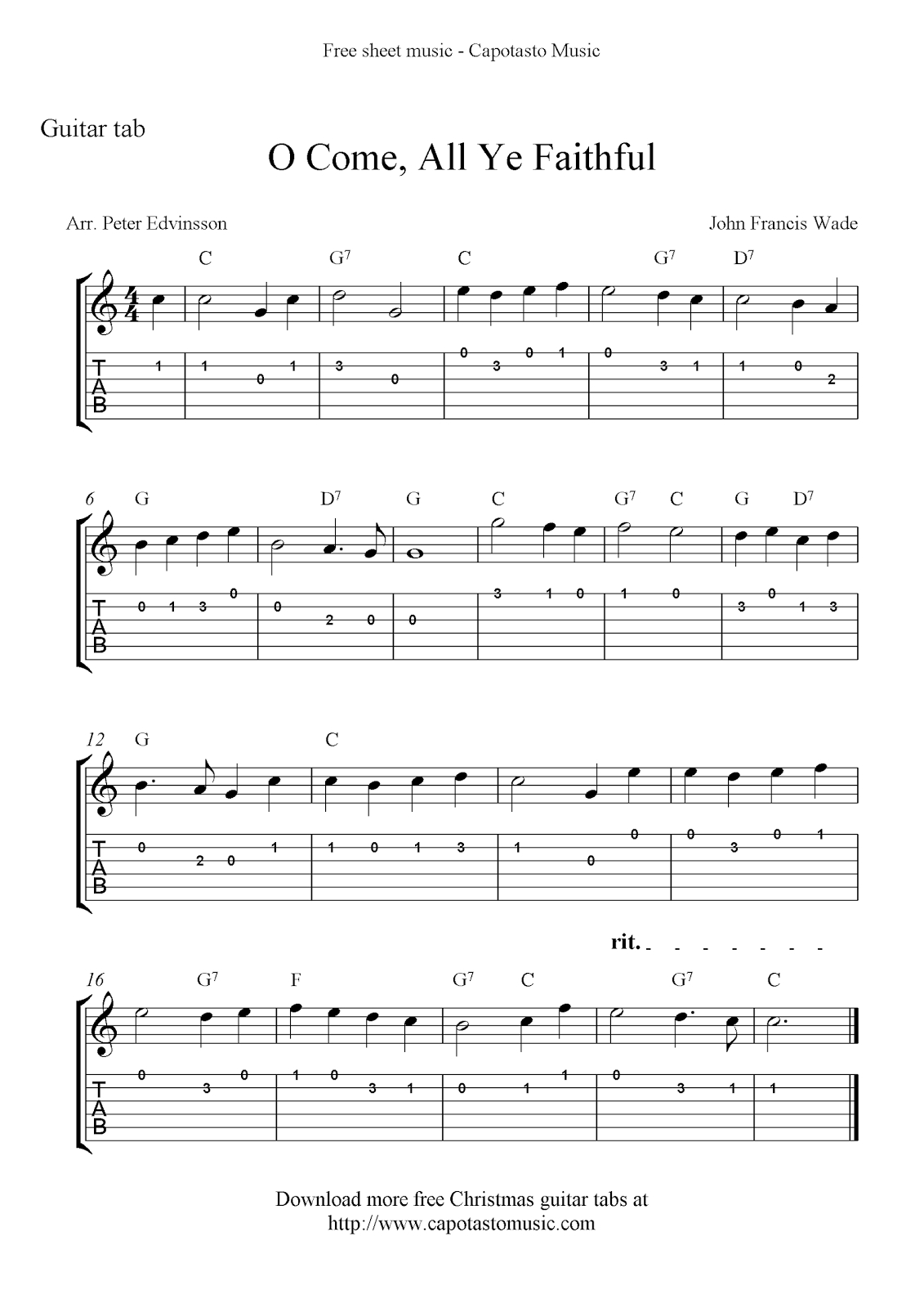 Free Printable Sheet Music: O Come, All Ye Faithful, Easy Free - Free Printable Guitar Tabs For Beginners