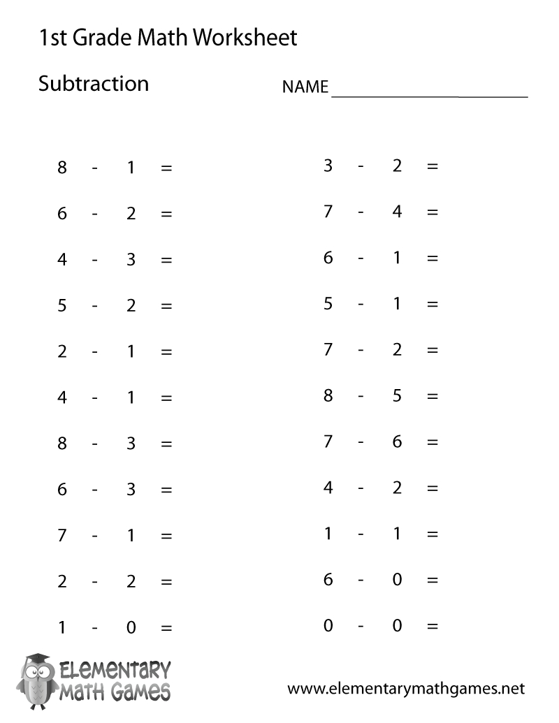Free Printable Subtraction Worksheet For First Grade - Free Printable First Grade Math Worksheets